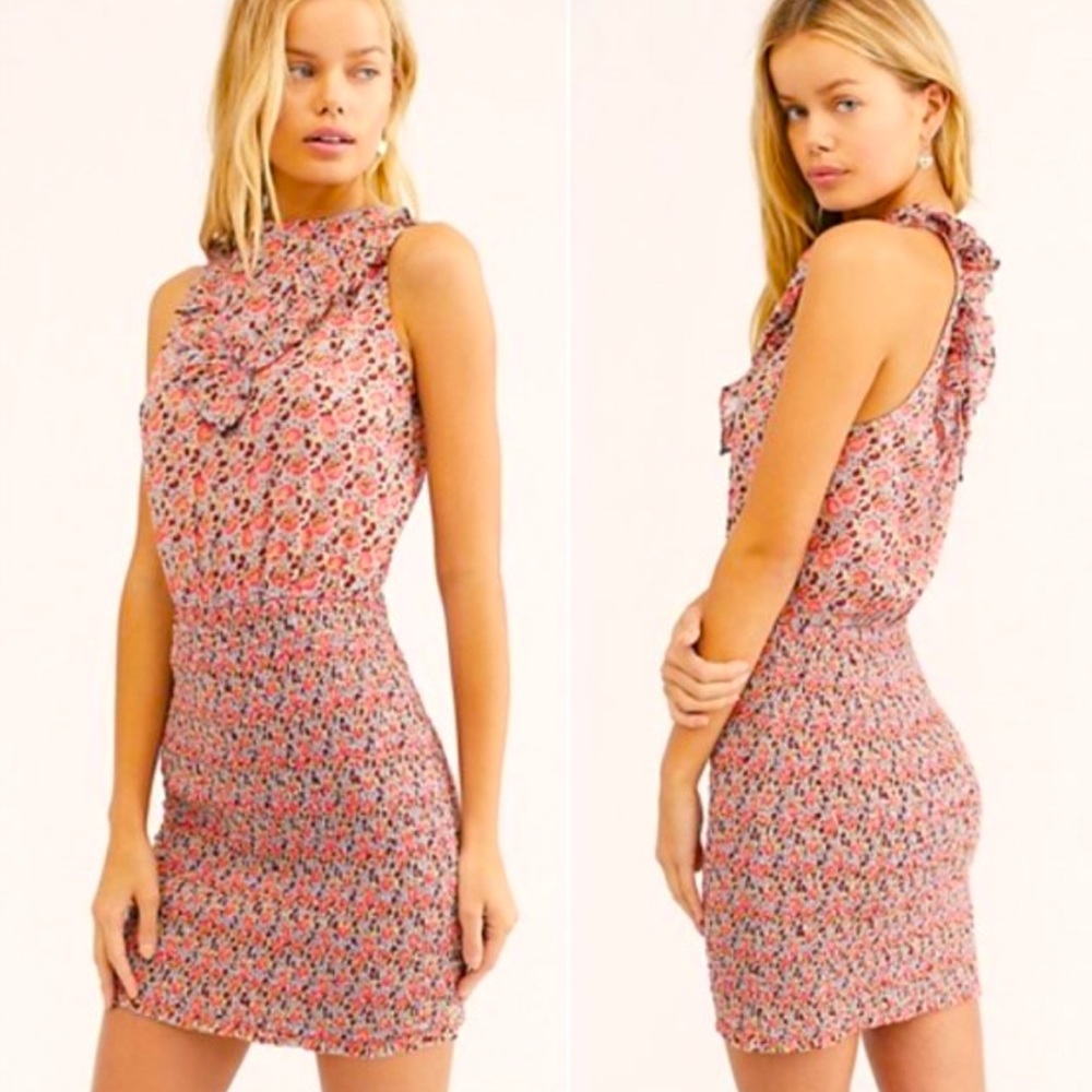 Free People Pink/Blue Floral Dress Chambray Combo SZ M
